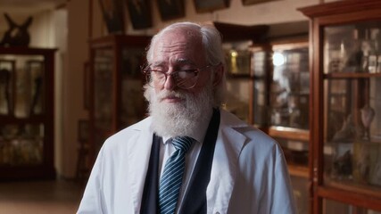 Pan medium closeup portrait of confident senior Caucasian male professor wearing white coat and vintage eyeglasses posing for camera in museum of anatomy