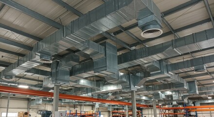 Industrial air duct system in a spacious warehouse during daylight