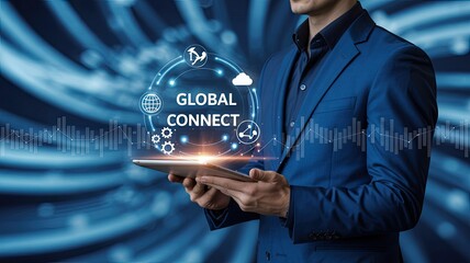 Businessman holding tablet with global connection graphic technology