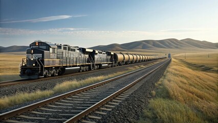 Fototapeta premium Long Freight Train with Tanker Cars Traversing Vast Prairie at Golden Hour