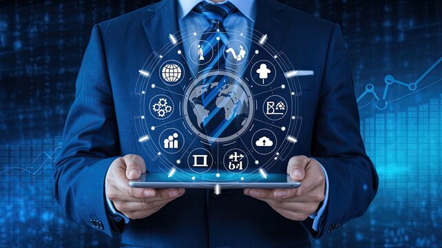 Businessman holding tablet with global network blue suit technology - Powered by Adobe