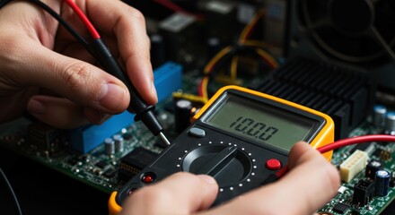 Technician measuring electrical values with multimeter on circuit board in workshop