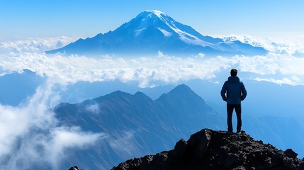 Person standing atop a mountain peak, gazing at a vast mountain range.