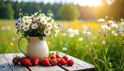 Rustic wooden table, wildflowers in a cream pitcher, fresh strawberries