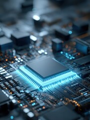 Fototapeta premium a closeup view of a futuristic ai processor chip glowing with blue light on a complex circuit board symbolizing advanced artificial intelligence