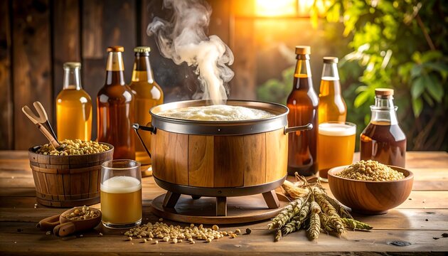 Rustic wooden table displays beer brewing process; steaming brew kettle surrounded by bottles, grains, and hops - Powered by Adobe