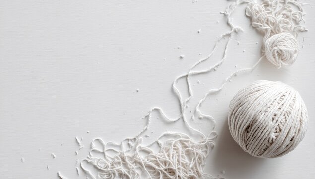 Off-white yarn balls and loose strands artfully arranged on a light grey background, leaving ample space on the left