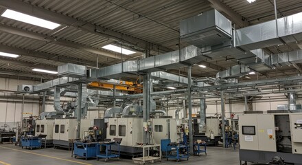 Industrial workshop with multiple CNC machines and overhead ventilation systems