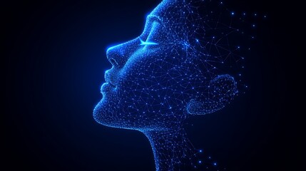 Profile view of a woman's face, rendered as a network of interconnected points of light.