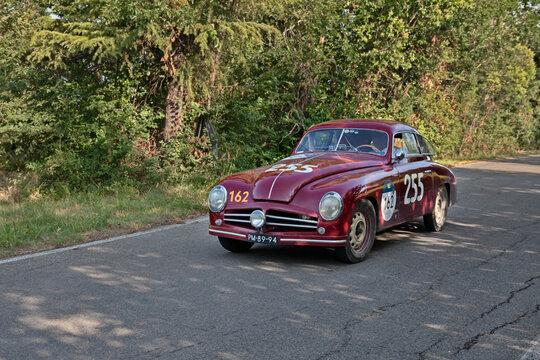 Vintage Italian car Stanguellini Fiat 1100 berlinetta Bertone (1947) in classic car race Mille Miglia, on June 20, 2025 in Predappio, FC, Italy