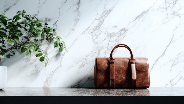 A rich brown leather handbag rests on a dark countertop against a marble wall, accompanied by a small potted plant.  The scene is minimalist and stylish