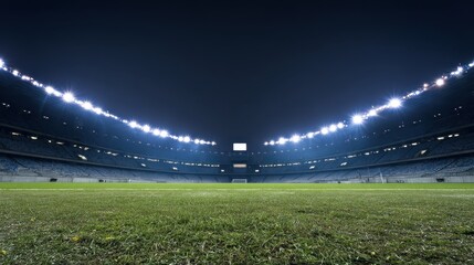 Empty football arena under evening lights casting dramatic elongated shadows, perfect for sports news coverage or event promotion materials.