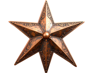 Ornate metal star decoration with intricate floral and scrollwork designs. Rustic cop isolated on a transparent background.