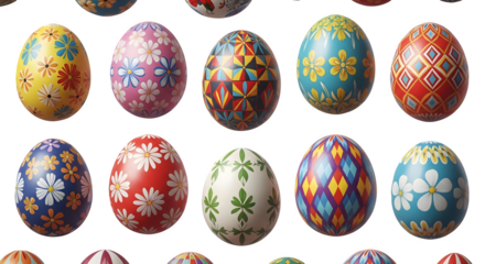 Assorted easter eggs with floral and geometric art png, transparent, white background, ai generated,