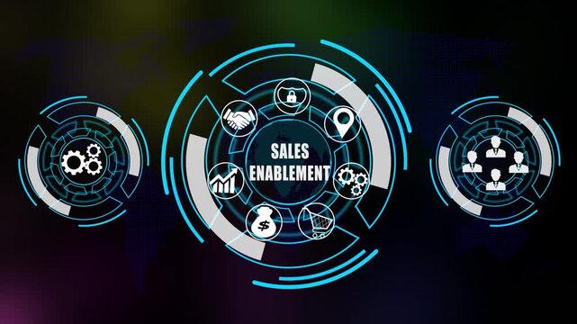 Digital sales enablement Technology Interface &ndash; Global Business Network, Data and Finance Icons | Futuristic HUD UI Design.4k animation