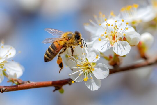 A honeybee hovers over delicate white flowers in a garden, collecting nectar and aiding pollination under a clear blue sky. Spring season brings vibrant life and growth - Powered by Adobe