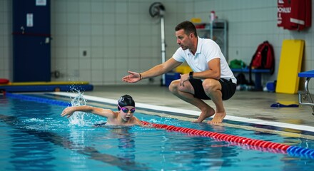 Young swimmer receives guidance from coach during practice at pool