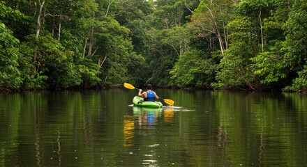 Paddling through tranquil rainforest river surrounded by lush greenery and wildlife