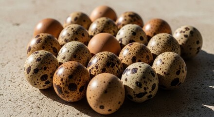 Eggs' Composition: A meticulously arranged assortment of speckled eggs reveals intricate details, demonstrating natural patterns and textures, embodying fresh, high-quality culinary components.