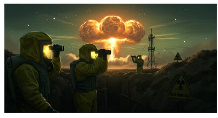 Soldiers in Hazmat Suits Observing Nuclear Test from Safe Zone