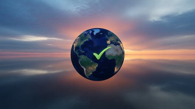 Earth with green check mark over calm water and sunset sky globe approval