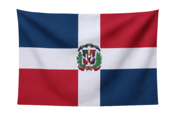 Waving Dominican Republic Flag with Detailed Texture and National Emblem Displayed Prominently