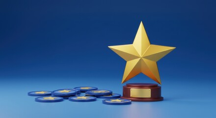 Golden Star Trophy Award with Star Coins on a Blue Background

