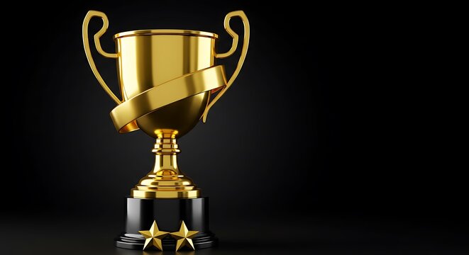 Gold Trophy with Two Stars on a Black Base against a Dark Background - Powered by Adobe