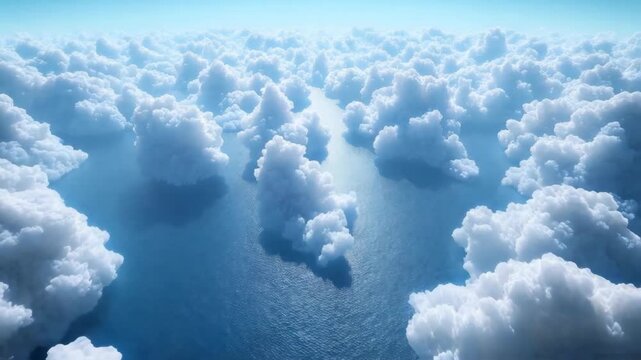 Aerial view of fluffy white cumulus clouds over a tranquil blue ocean