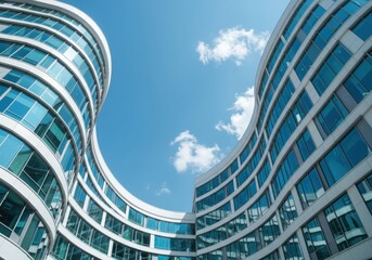 Modern curved glass buildings reflecting a bright blue sky