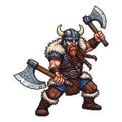 透明な背景に対する武装した戦士の斧のイラストとバイキングのキャラクターデザイン