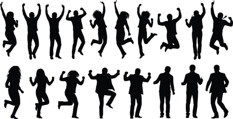 Jumping people silhouette vector set, business and casual poses, happy jumping man and woman figures, black human celebration illustrations