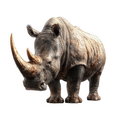 Obraz premium Rhino standing, African savanna background, wildlife conservation poster