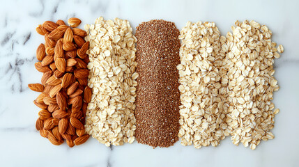 Almonds, oats, and seeds are neatly arranged in rows on a marble surface. Concept of healthy eating and natural ingredients.