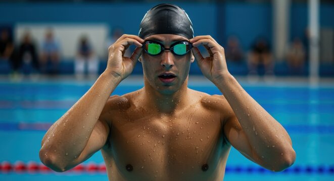 Competitive swimmer prepares for race at indoor pool during training session