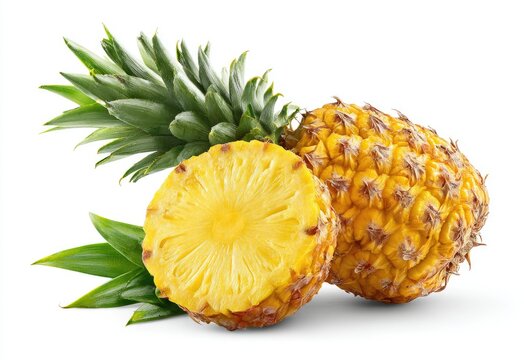 A halved and whole mini pineapple with vibrant yellow flesh and green spiky leaves, isolated on a white background, showcasing its juicy texture and sweet appeal