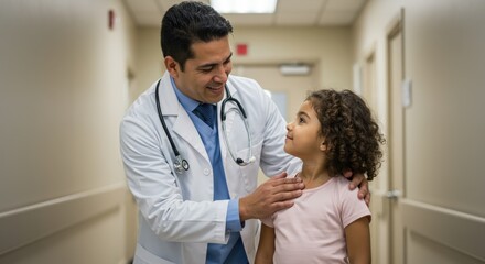 Fototapeta premium Doctor interacts warmly with young patient in hospital hallway during check-up