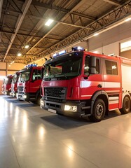 Fototapeta premium Row of red emergency vehicles in a modern garage
