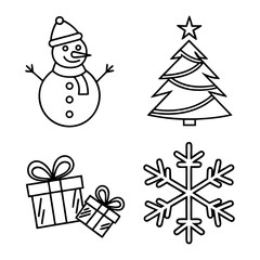 A black and white collection of holiday illustrations featuring a smiling snowman a decorated Christmas tree two wrapped gift boxes and a detailed snowflake.