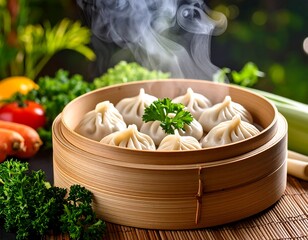 Steaming dumplings in a bamboo steamer, surrounded by fresh vegetables