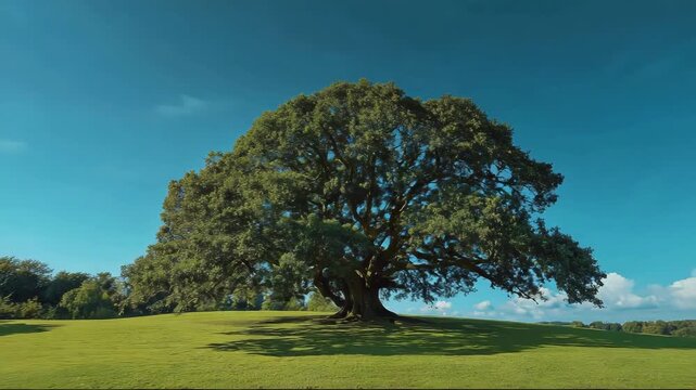 Large oak tree standing alone on green meadow under blue sky  