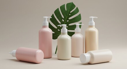 professional high quality Variety of Cosmetic Bottles with Monstera Deliciosa Leaf