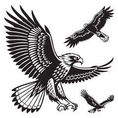 Obraz premium Majestic eagle flying with wings spread wide in a dramatic black and white illustration with two smaller eagles in flight