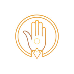 Obraz premium Golden hand symbol in a circle with a gemstone