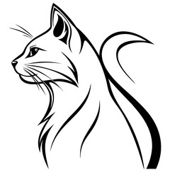 A minimalist black and white vector drawing of a cat's head and neck in profile, featuring clean lines and an upward-curving, stylized tail.