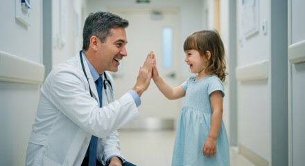 Obraz premium Doctor and child share a joyful moment in a hospital hallway during a check-up