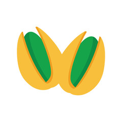 Two pistachio nuts halved open showing the green kernel inside on a clean white background providing a healthy snack option