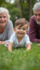 Fototapeta premium Adorable toddler smiling with grandparents in a lush green park