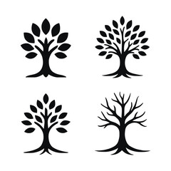 Four variations of tree icons depicting different life cycles and growth on a clean white background
