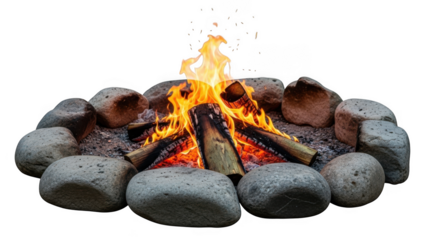 Campfire burning with flames and logs, isolated on transparent background